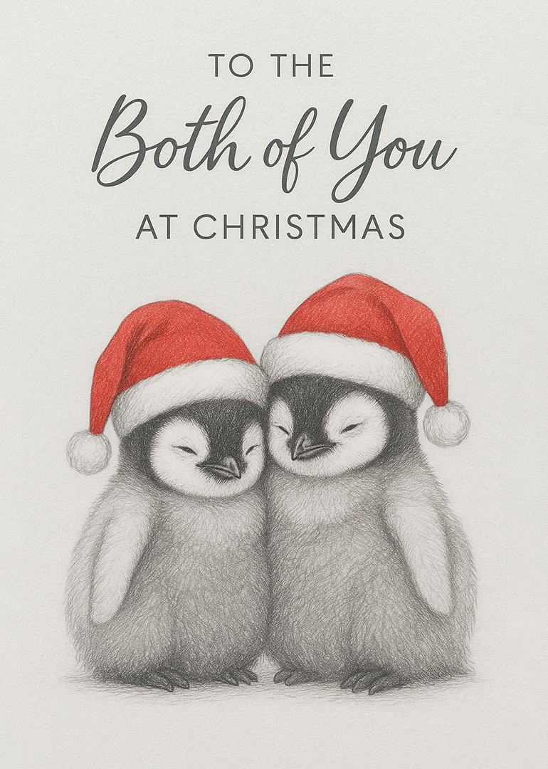 Two adorable penguins wearing red Santa hats on a white card