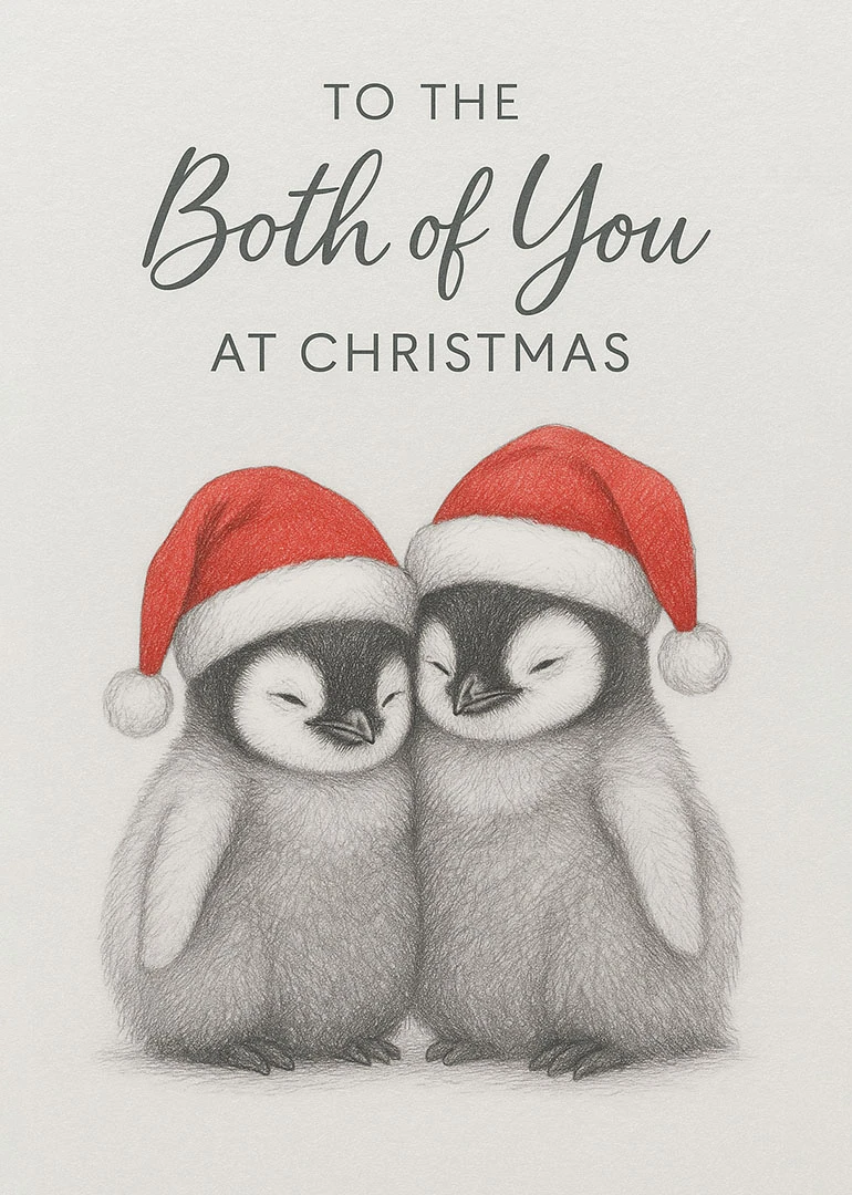 Two fluffy penguin chicks wearing Santa hats cuddle beneath Christmas wording on a grey card.