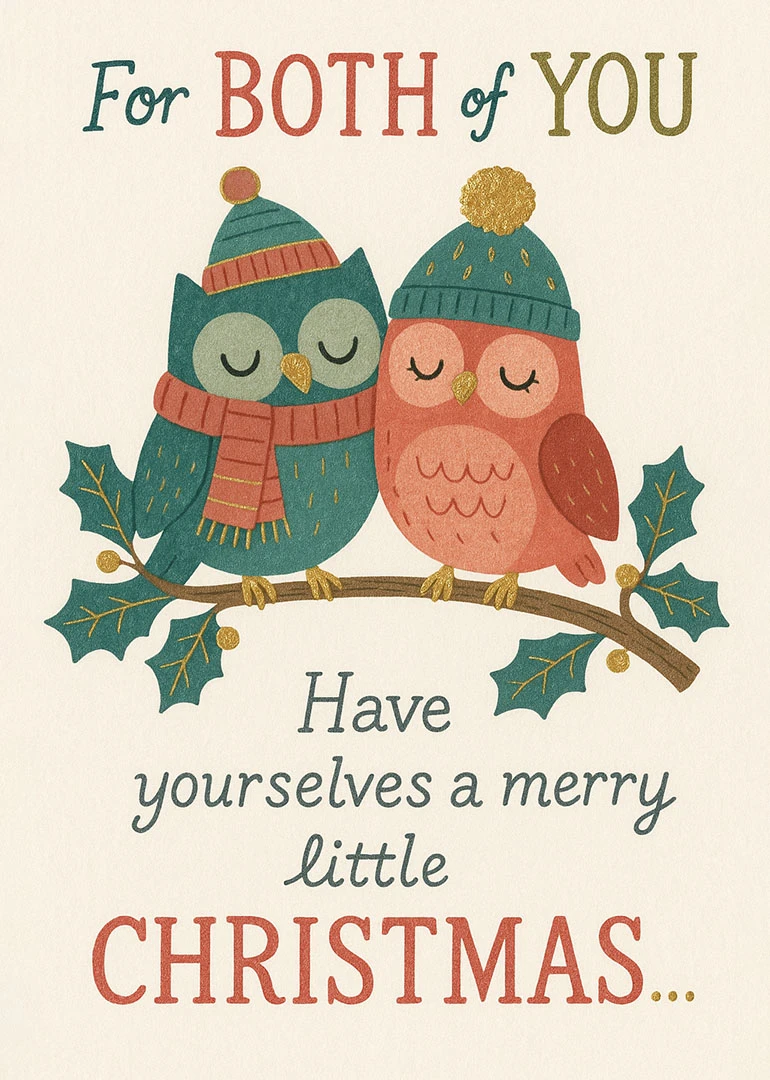 Two knitted owls in hats and scarves cuddle on a holly branch with Christmas wording.