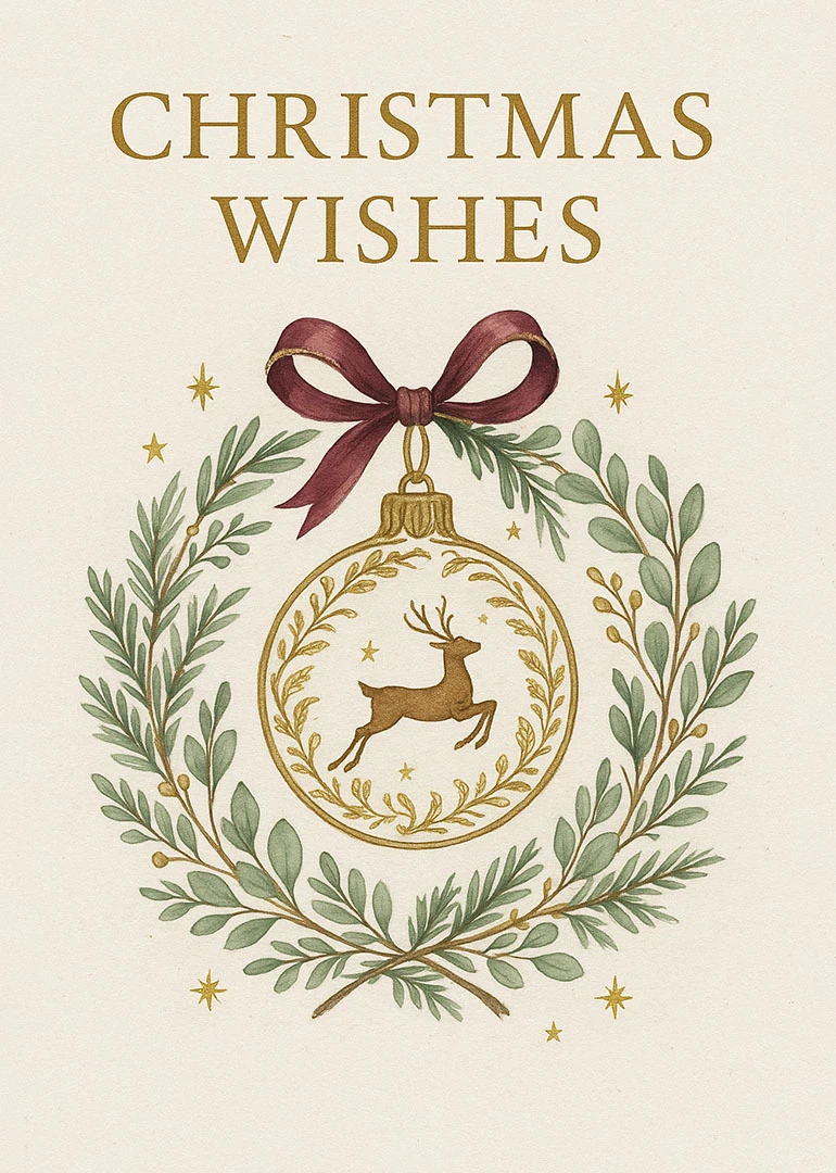 Cream card with Christmas Wishes gold reindeer ornament burgundy bow and leafy botanical wreath design.