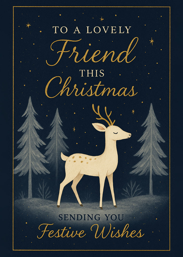 Christmas card with reindeer, pine trees, and festive gold lettering