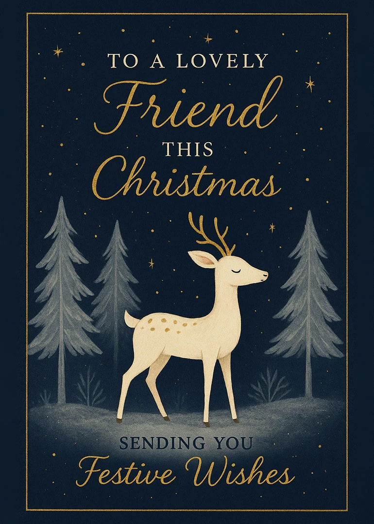 Elegant deer stands among snowy trees on a navy Christmas card for a lovely friend.