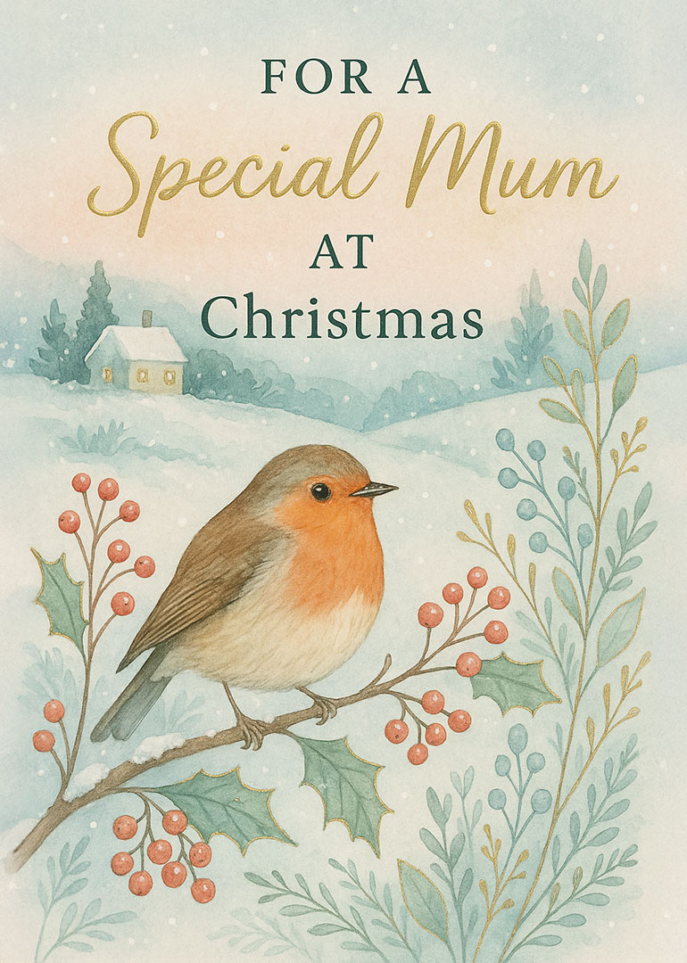 Christmas card with robin bird sitting on holly branch in winter snow