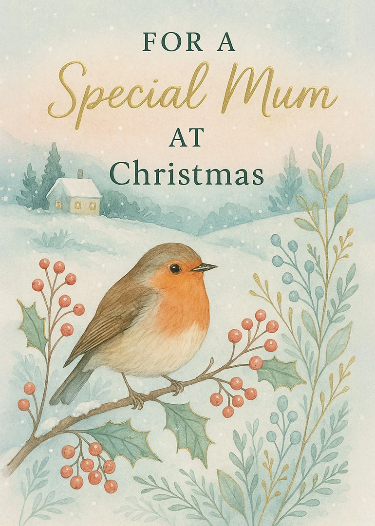 Watercolor robin on a snowy holly branch with Special Mum at Christmas text above centered.