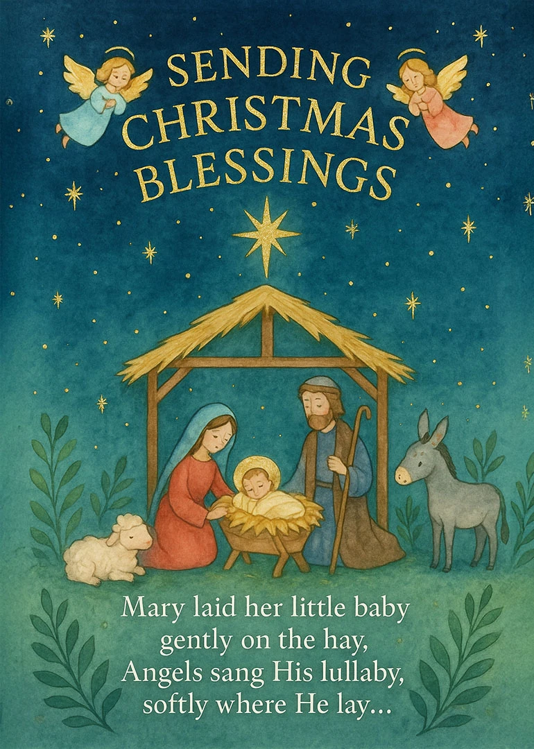 Nativity scene with Mary, Joseph, baby Jesus, angels, sheep, donkey, and Christmas blessings text above.