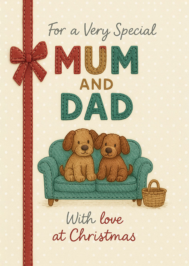 Christmas card with two puppies on a sofa and festive message for mum and dad