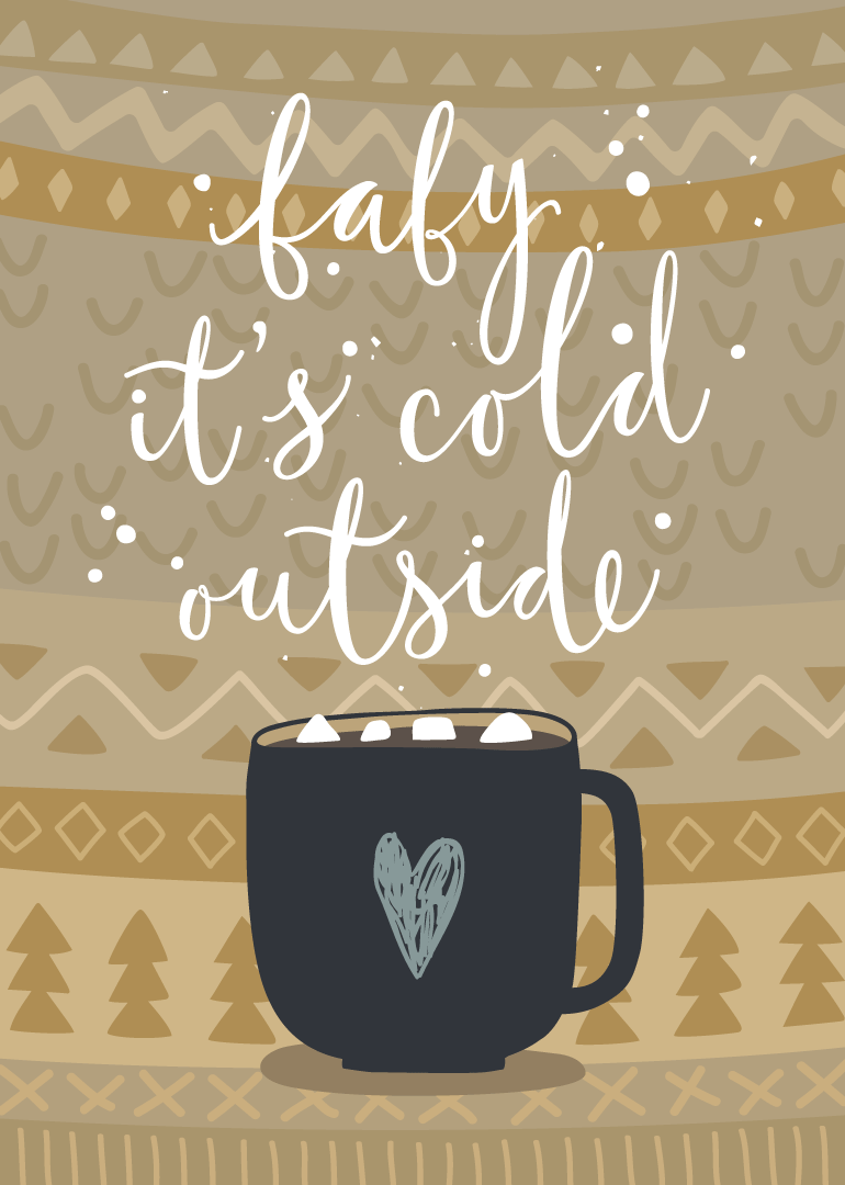 Card with hot chocolate cup and cozy winter message in warm tones
