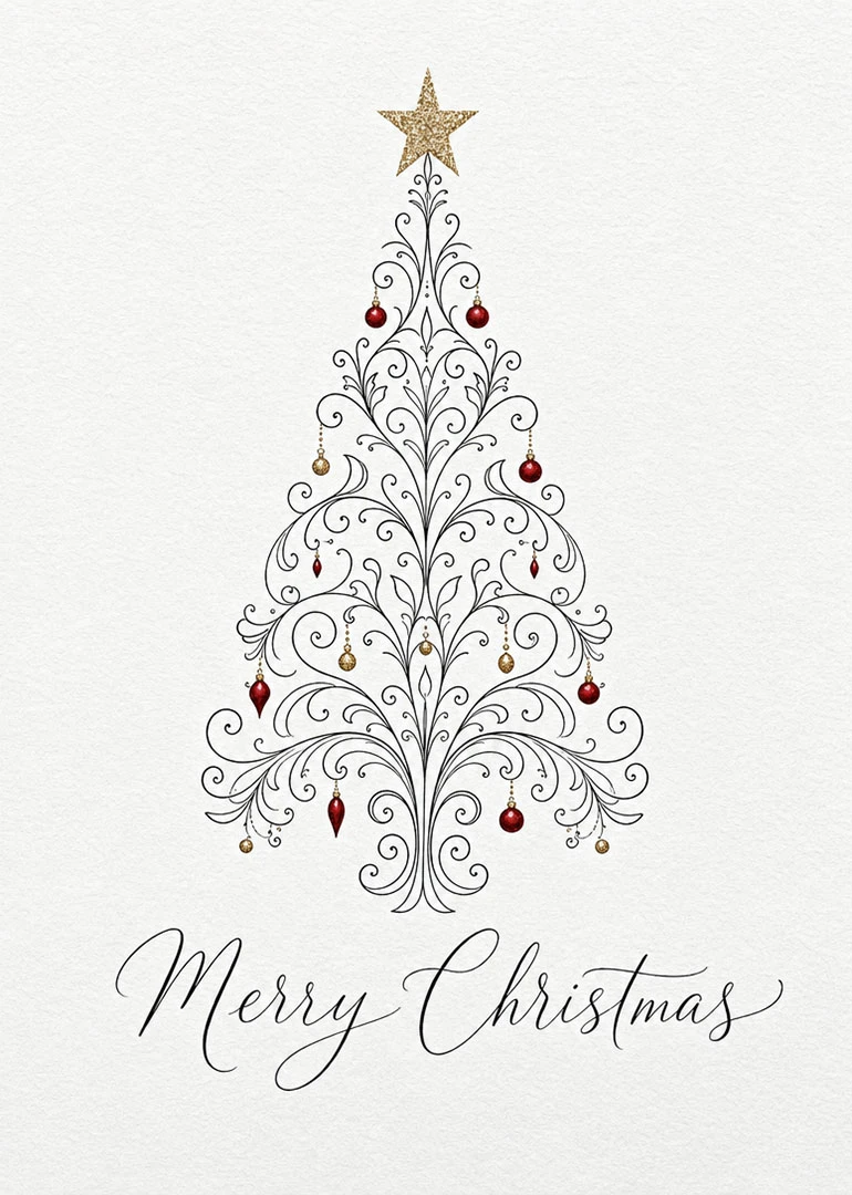 Decorative Christmas tree with gold star, red ornaments and Merry Christmas script on white background.