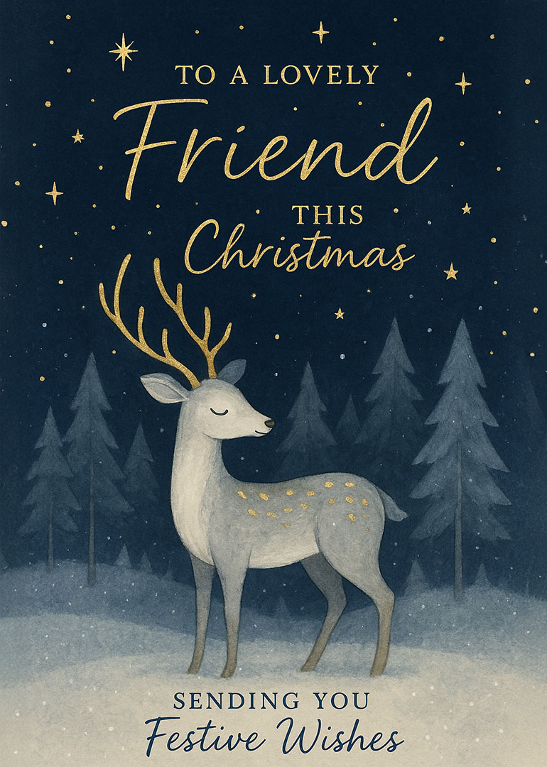 Christmas card with golden reindeer, trees, stars, and festive wishes for a friend
