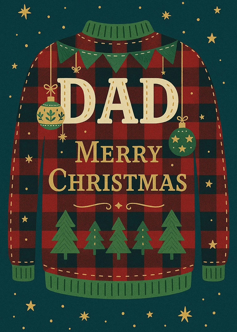 Plaid Christmas sweater card reading DAD MERRY CHRISTMAS with ornaments, trees, and stars on teal.