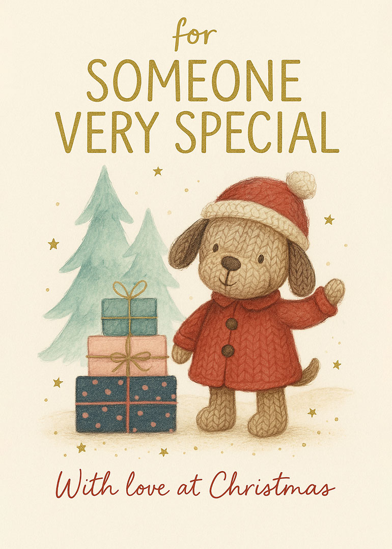 Knitted dog in red coat stands beside stacked gifts and blue Christmas trees