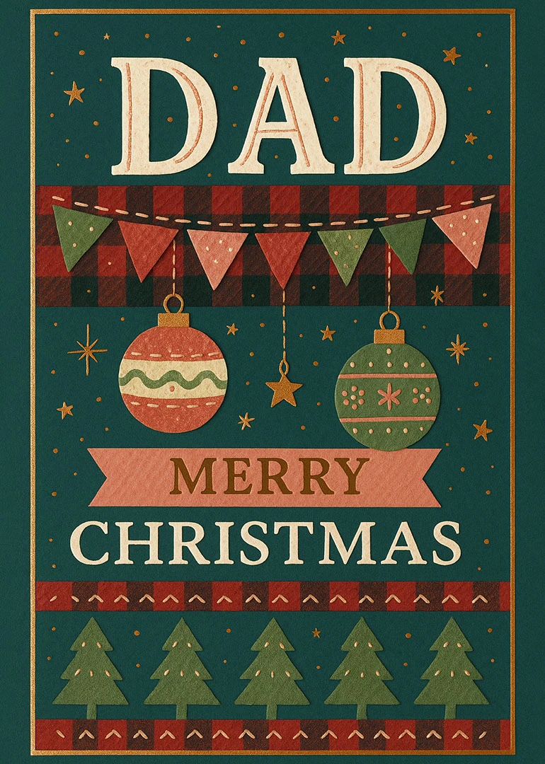 Retro festive Christmas card for Dad with ornaments, bunting, trees, stars, and Merry Christmas text.