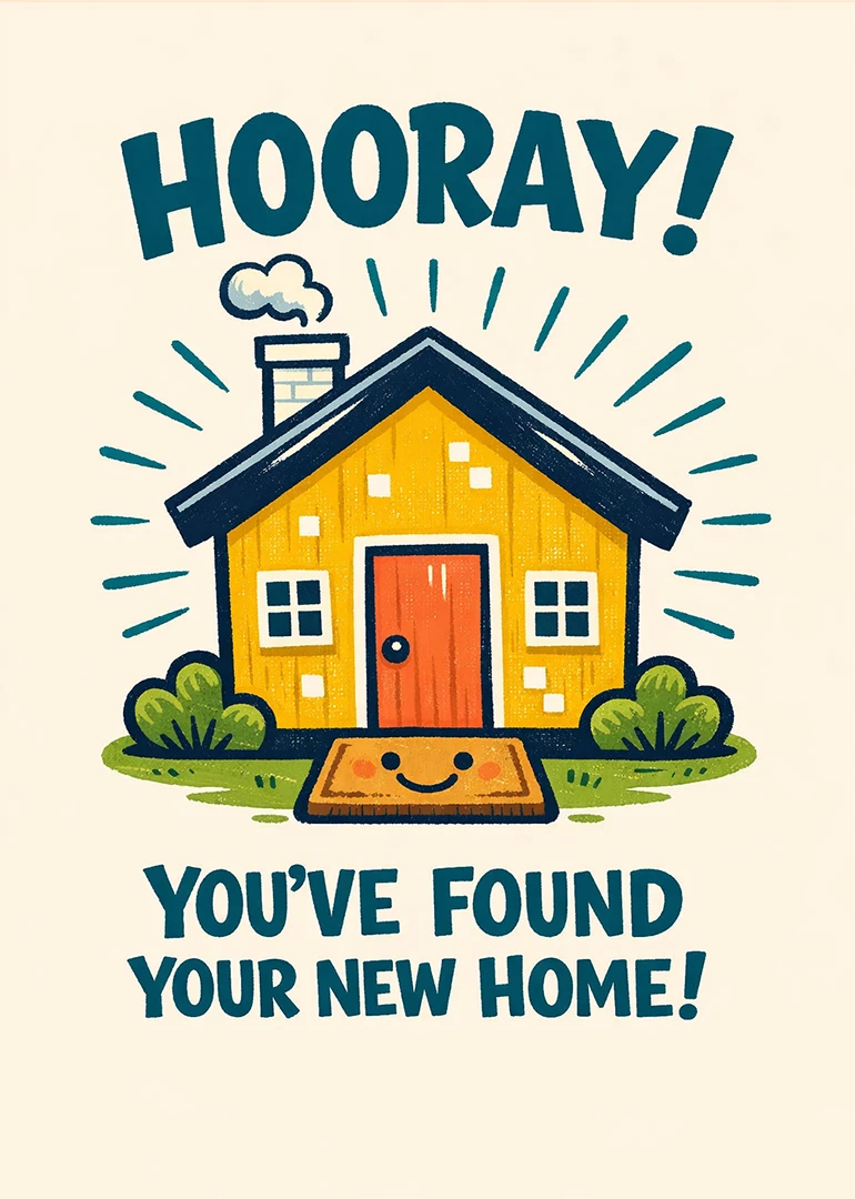 Cheerful yellow house with smiling doormat and Hooray text for a new home celebration card.