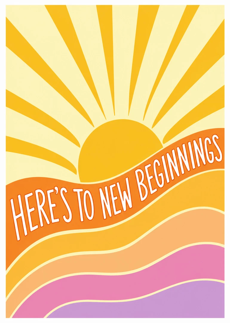 Retro sunrise card with orange rays and wavy bands reading Here’s to New Beginnings message.