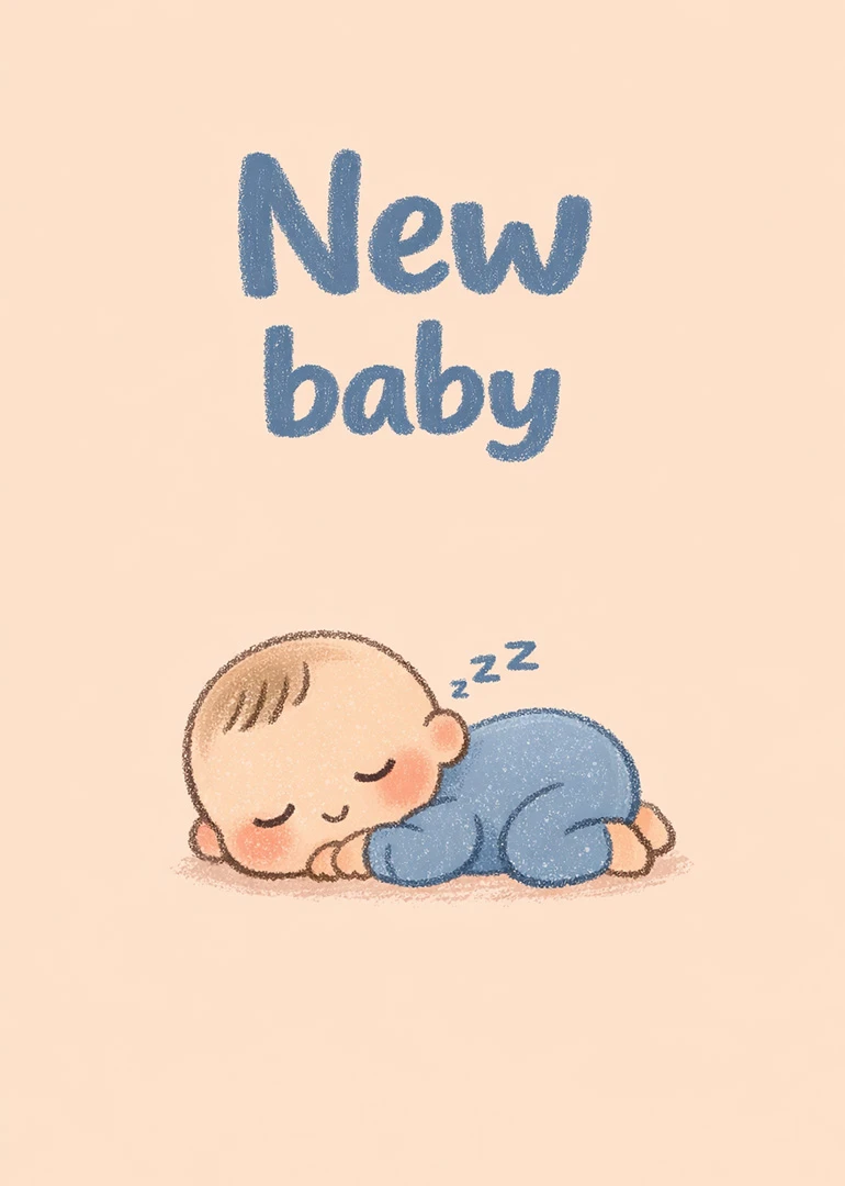 Cute sleeping baby illustration in blue with New baby text on a soft peach background.