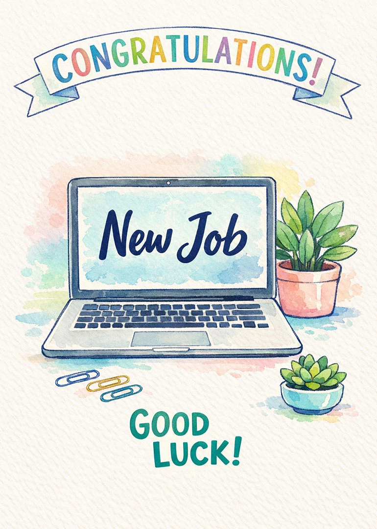 Watercolour laptop with New Job, Congratulations, Good Luck and potted plants on a soft background.