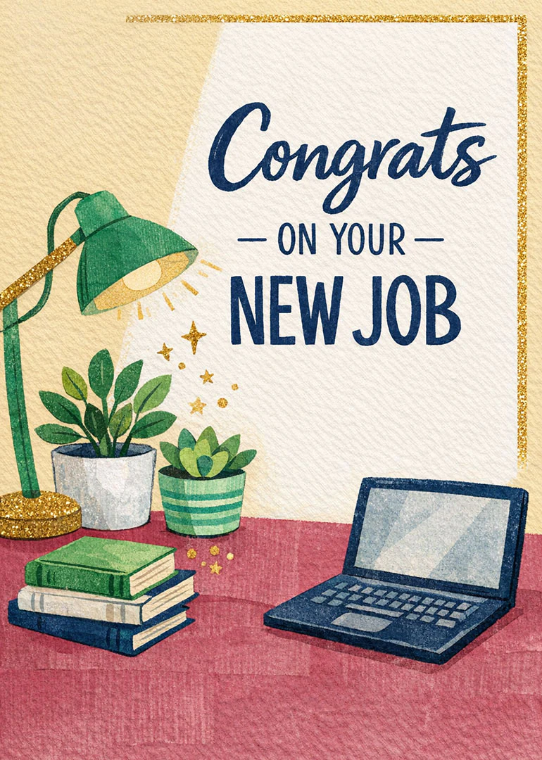 Watercolor card with congratulatory text, desk lamp, plants, books, laptop, and gold glitter accents throughout.