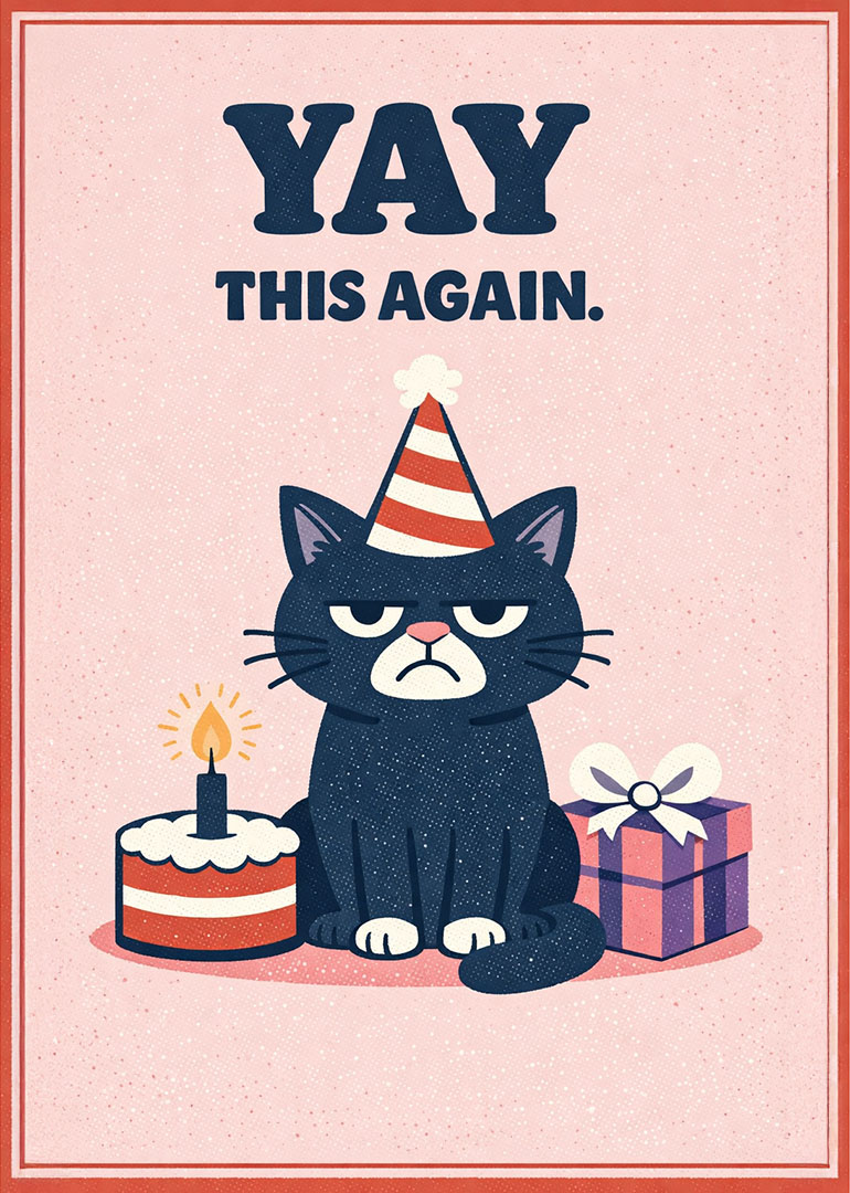 Grumpy black cat wearing party hat with cake and gift on pink background