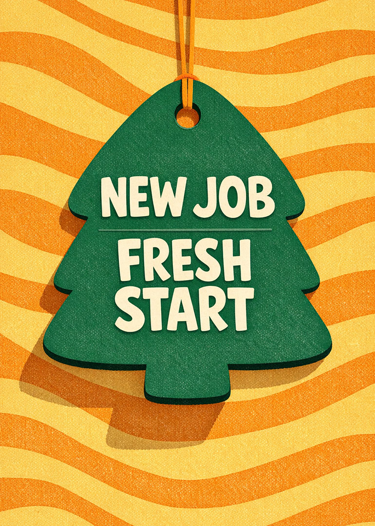 Green tree shaped tag with new job fresh start text on wavy orange background