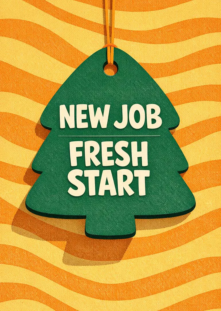 Green tree-shaped tag on orange waves with bold New Job Fresh Start message card design.