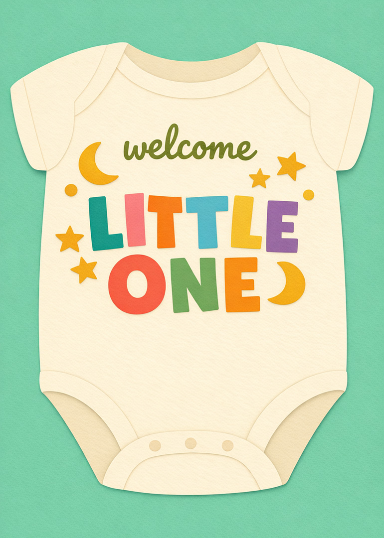 Baby card featuring colorful welcome little one text on a onesie with stars