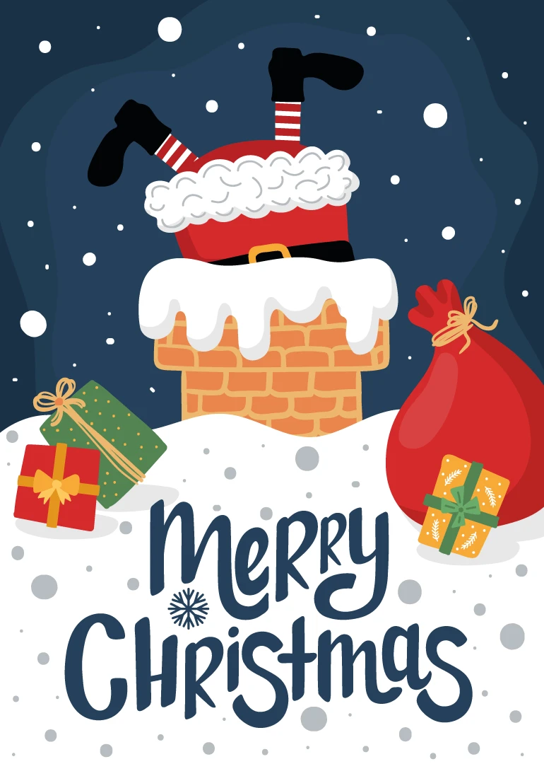 Festive card with Santa legs in chimney, snowy night sky, gifts, and Merry Christmas text.