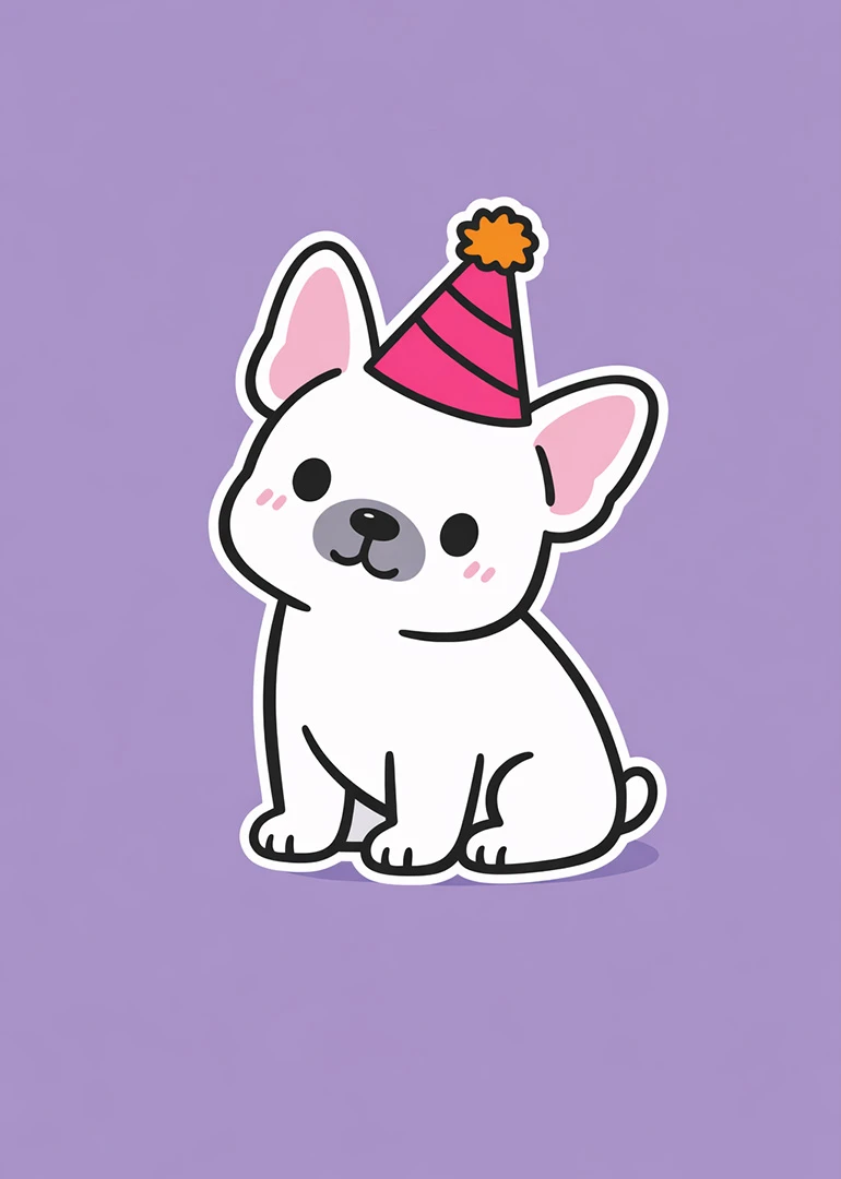 White cartoon dog wearing a pink party hat sits on a purple background smiling sweetly.
