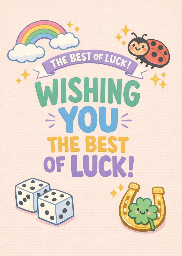 Cheerful best of luck card with rainbow, ladybug, dice, horseshoe, and lucky clover
