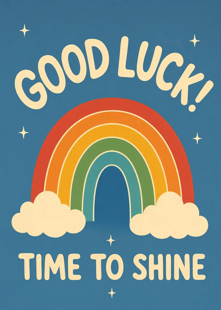 Retro rainbow and clouds card reading Good Luck! Time to Shine on blue background design.