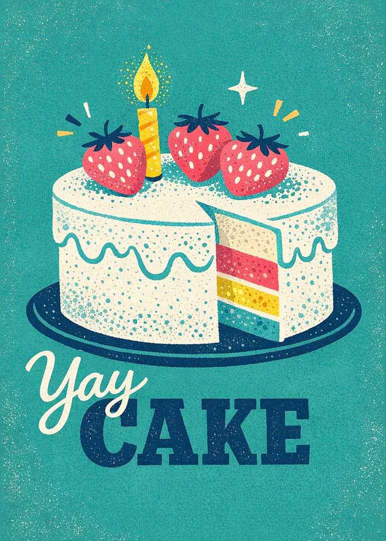 Retro birthday card with strawberry topped cake, candle, and Yay Cake text on teal background.