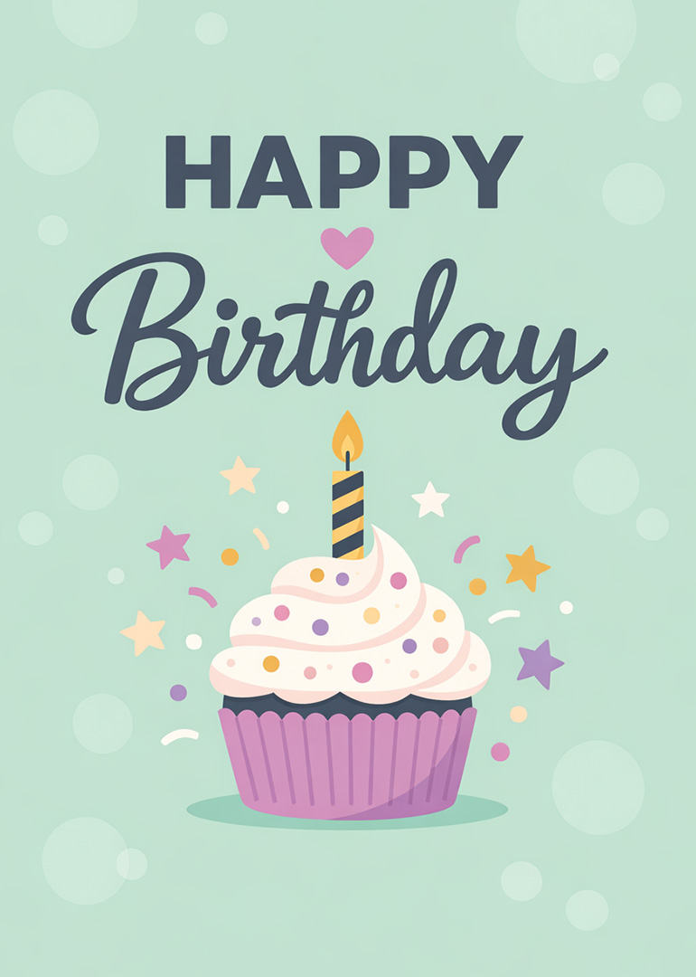 Birthday card with cupcake, candle, confetti and stars on light green background