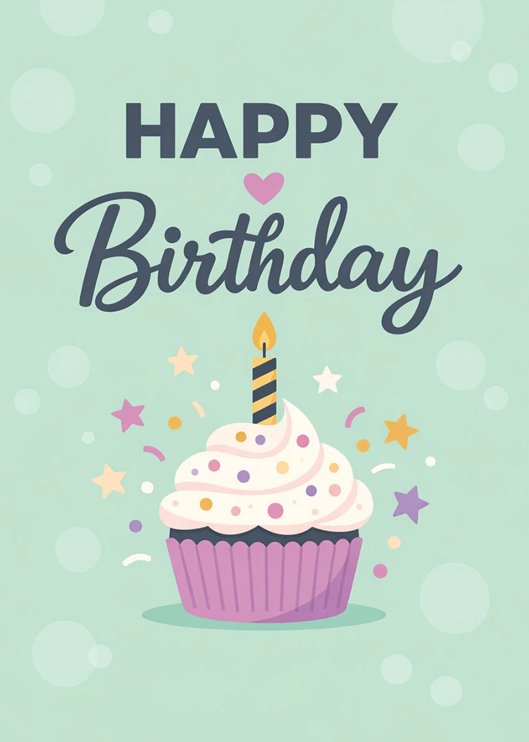 Birthday card with pastel cupcake, candle, hearts, stars and Happy Birthday text on mint background.