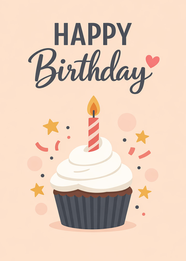 Illustration of a birthday cupcake with candle and confetti on pink background