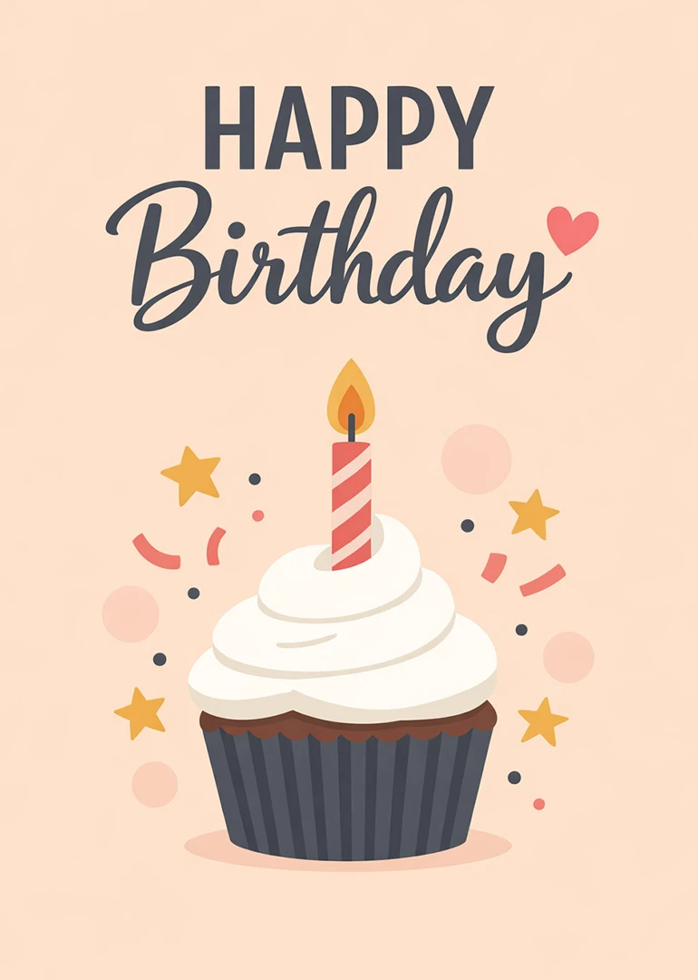 A soft pastel birthday card with cupcake, candle, hearts, stars and confetti on beige background.