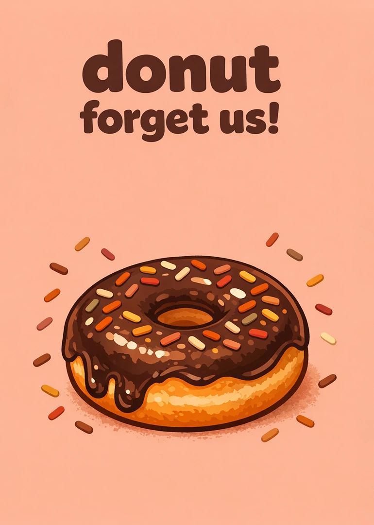 Chocolate frosted donut with sprinkles and the pun Donut forget us on a pink background.