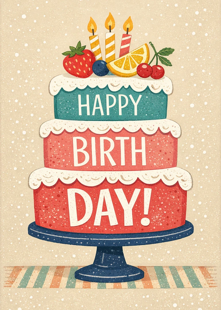 Colorful layered birthday cake with fruit toppings, candles, and bold Happy Birth Day lettering centered.