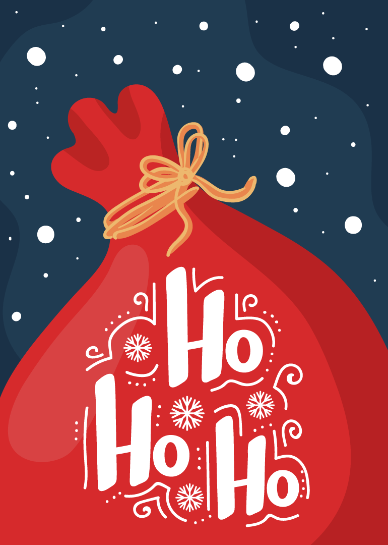Red Santa sack with ho ho ho text and snowflakes on dark snowy background