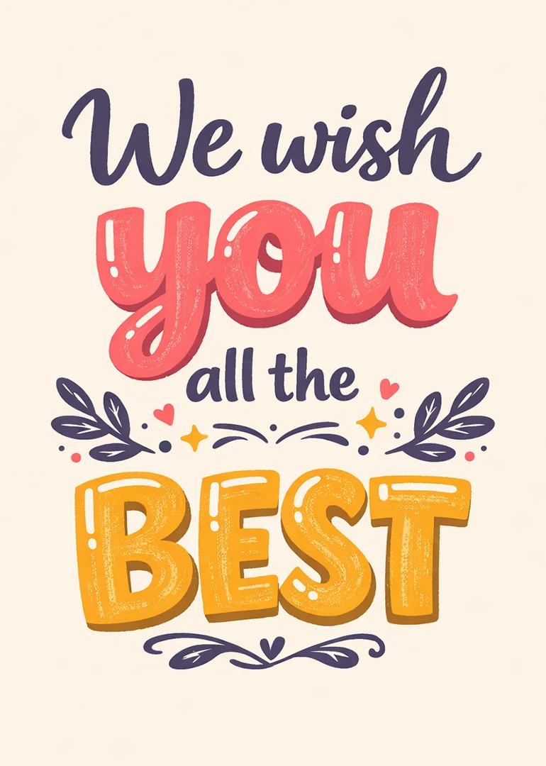 Typographic card reading We wish you all the best with pink, gold and purple decorations.