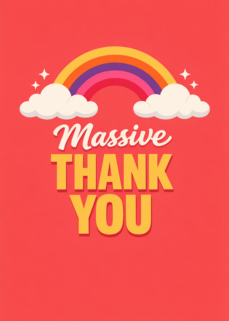 Bright appreciation card with rainbow, clouds, and bold thank you text
