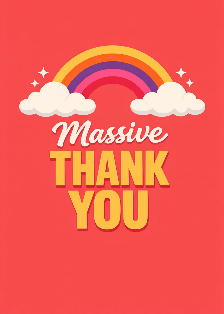 Rainbow and clouds above massive thank you text on a bright coral background with sparkles.