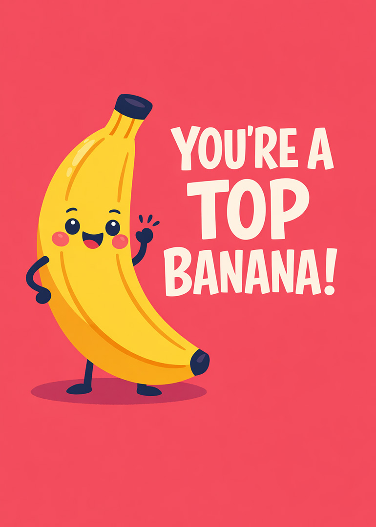 Cheerful cartoon banana character with waving hand and text on bright background