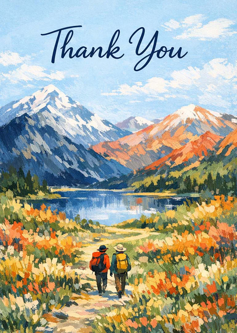 Two hikers walk toward a mountain lake beneath thank you text in a painted landscape.