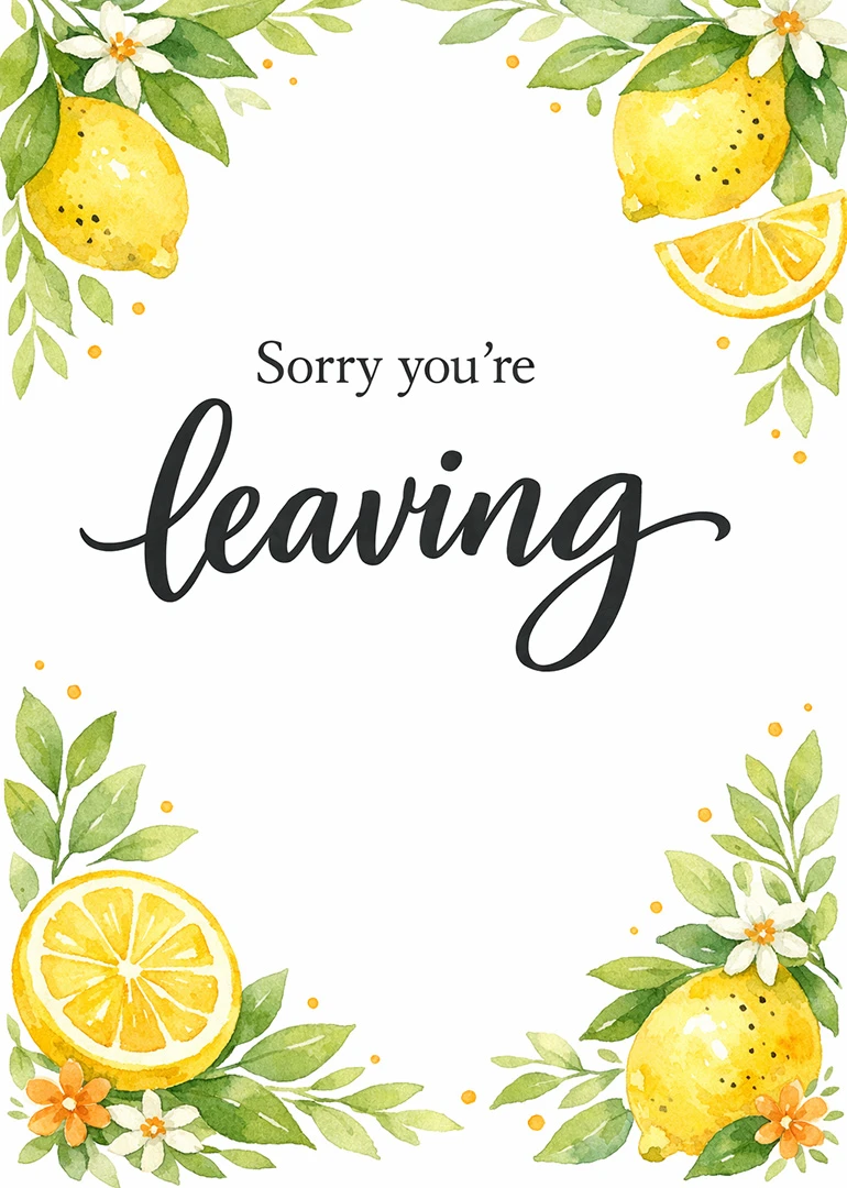 Watercolour lemons and leaves frame the words Sorry you're leaving in elegant black script.