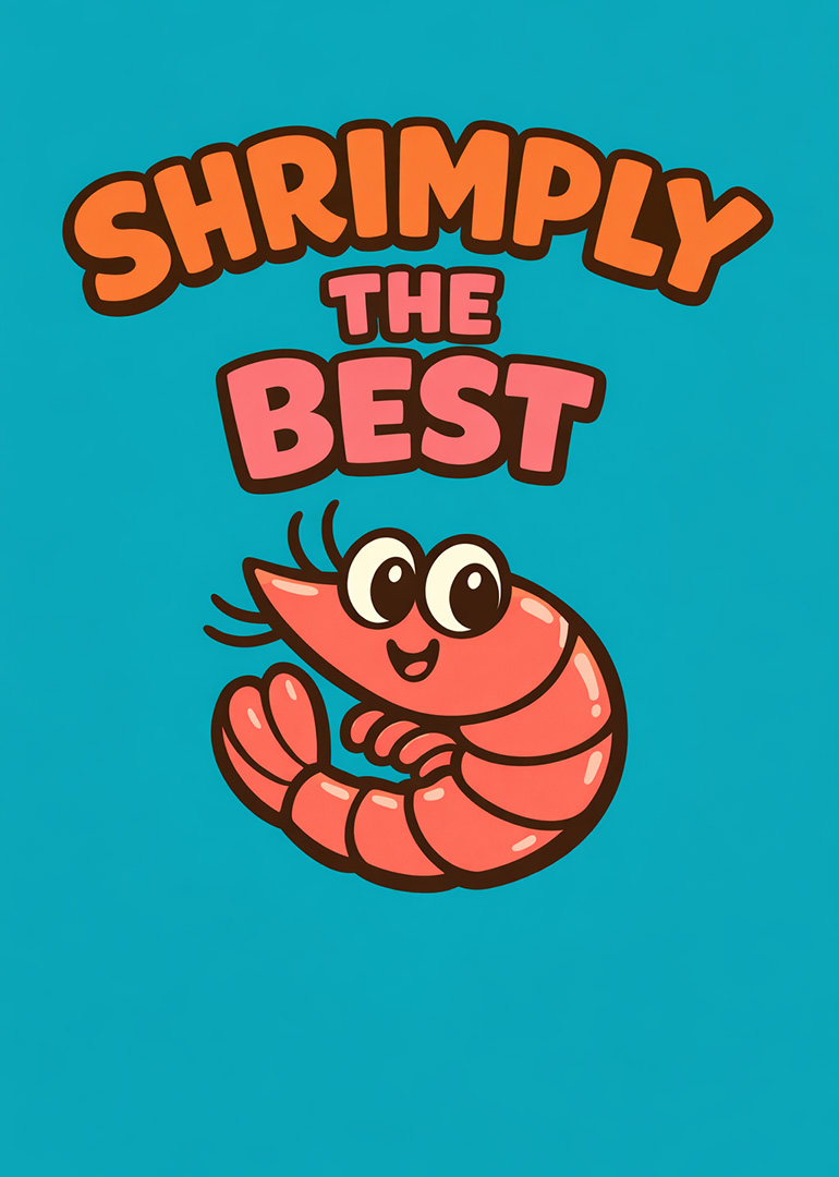 Cartoon shrimp with big eyes and text shrimply the best on blue background
