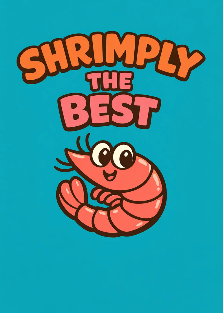 Cute pink shrimp cartoon with Shrimply the Best text on a bright teal background card.