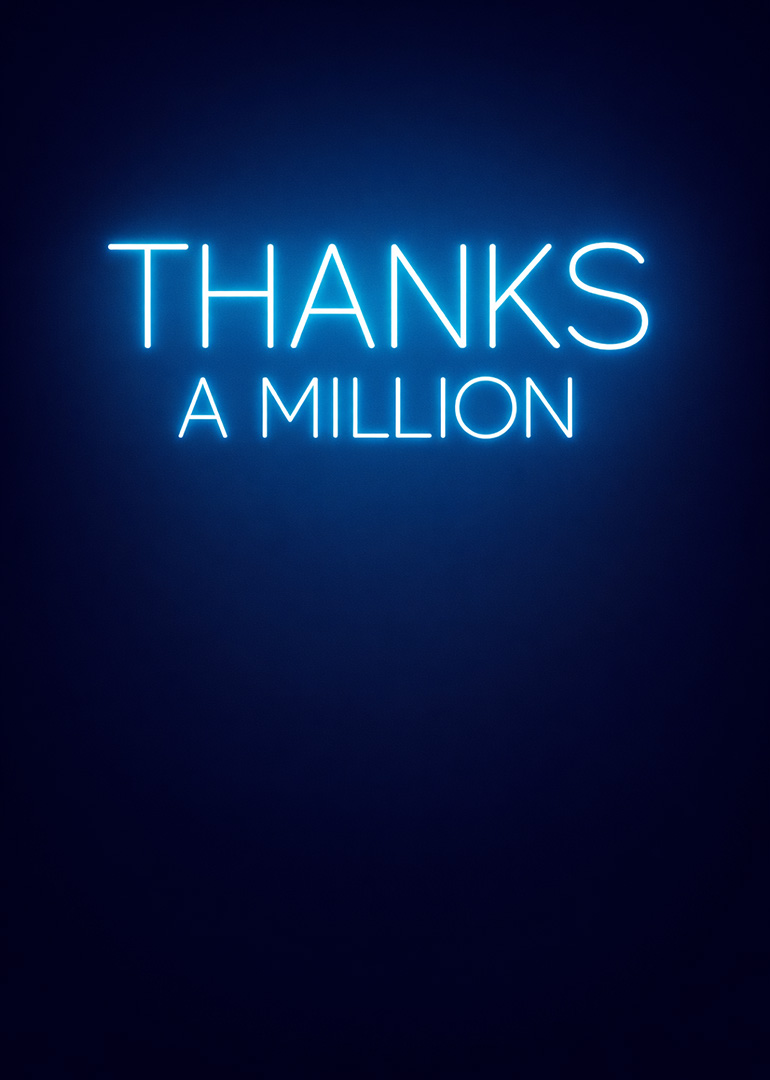 Glowing blue neon text saying thanks a million on dark blue background