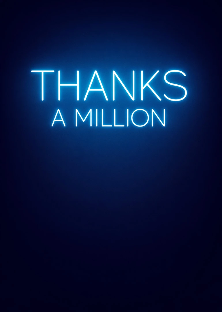 Neon blue Thanks A Million text glowing on a dark blue minimalist background card design.
