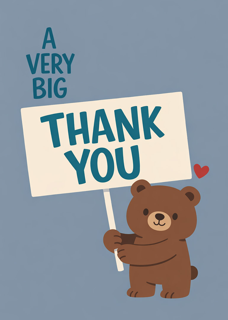 Cute cartoon bear holding a large thank you sign with a small red heart