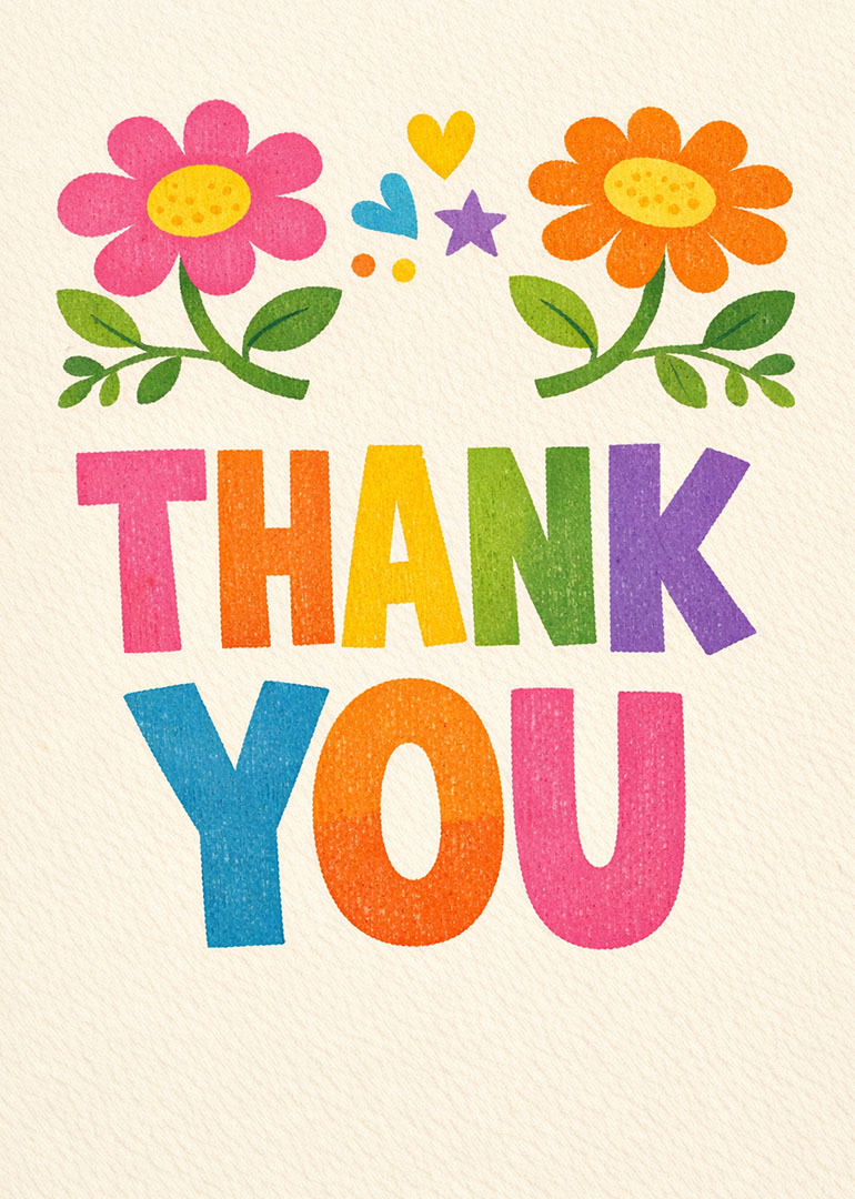 Bright thank you card with colorful letters flowers hearts and star shapes