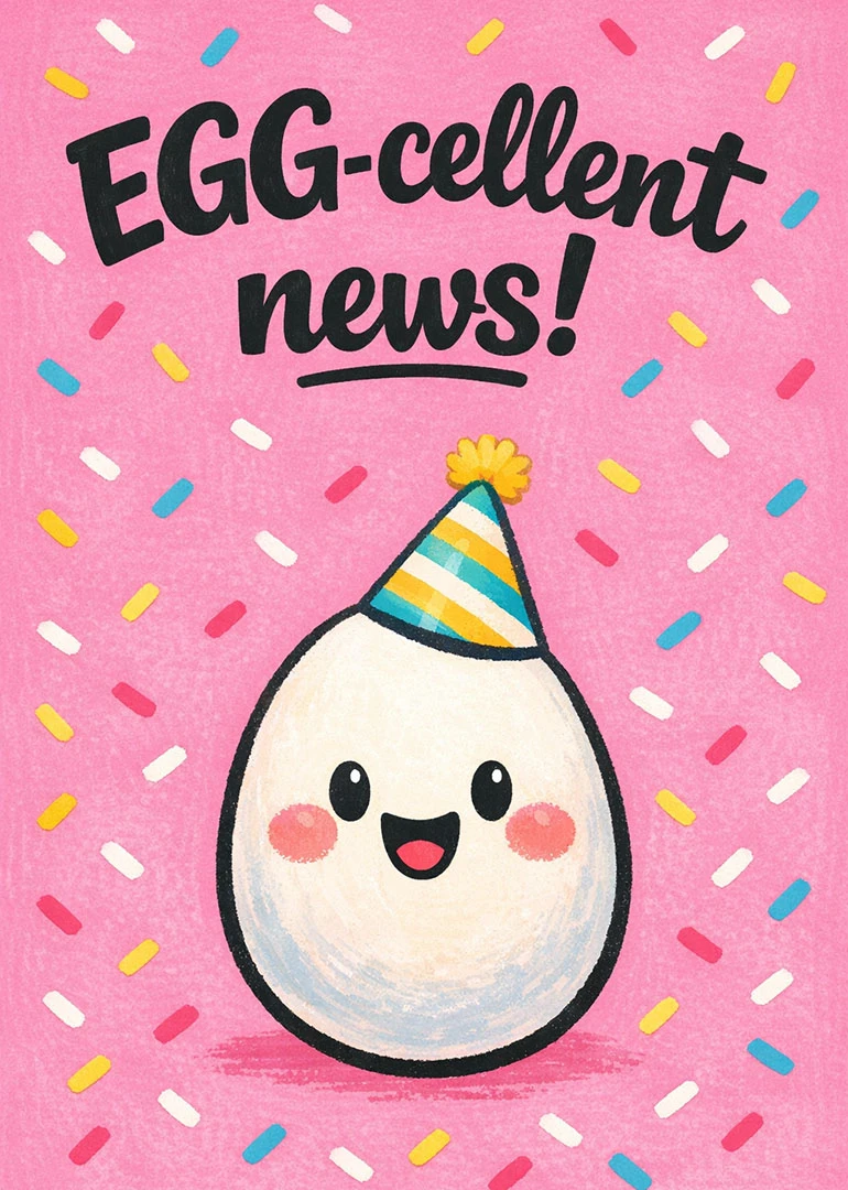 A smiling egg in a party hat under EGG-cellent news on pink confetti background card.